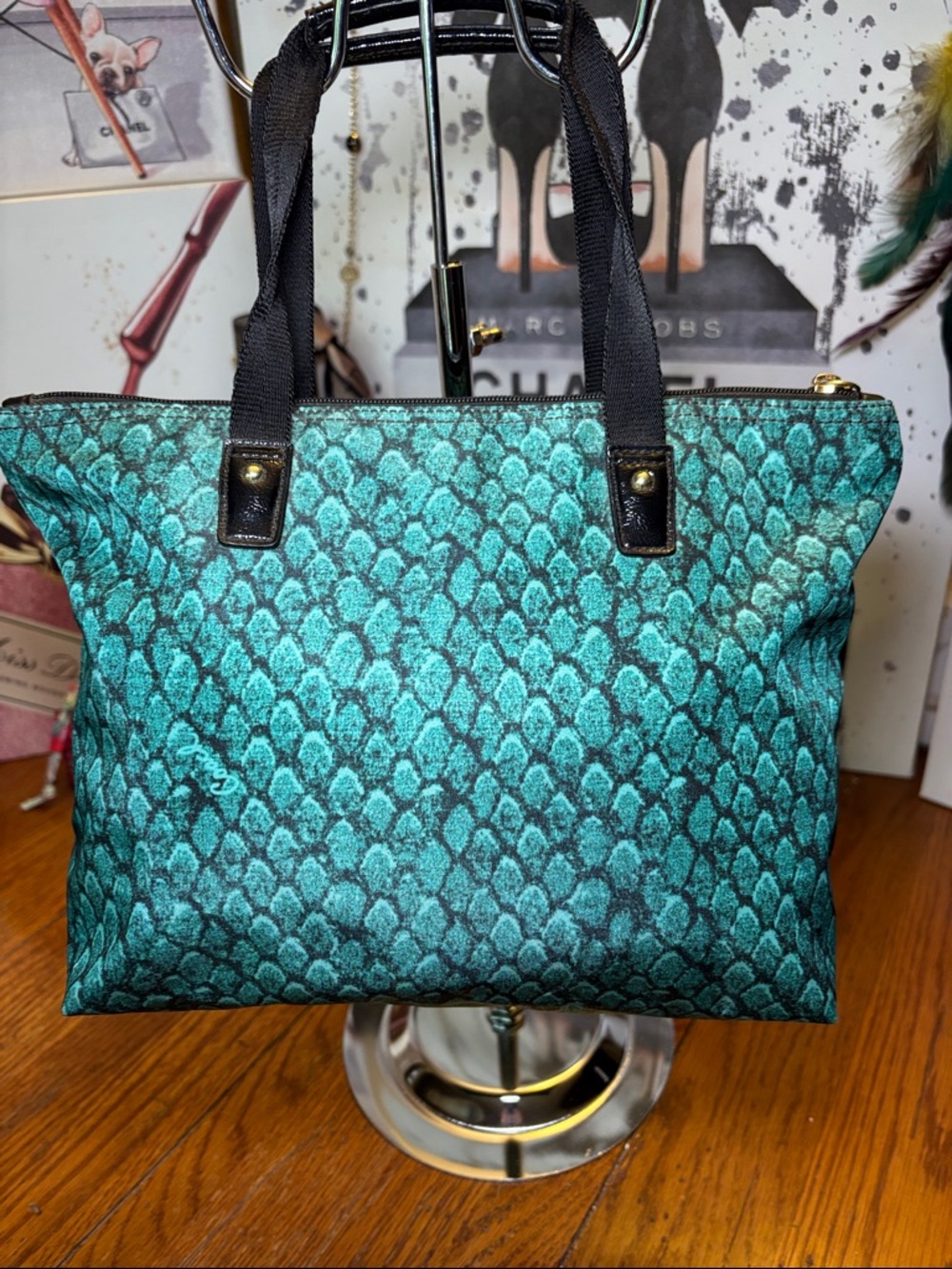 Coach F31506 Green Blue Snakeskin Print Tote Shoulder Bag COA - Picture 5 of 8